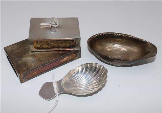 Modern silver shell bowl caddy spoon, small George III pap boat and two matchbox holders